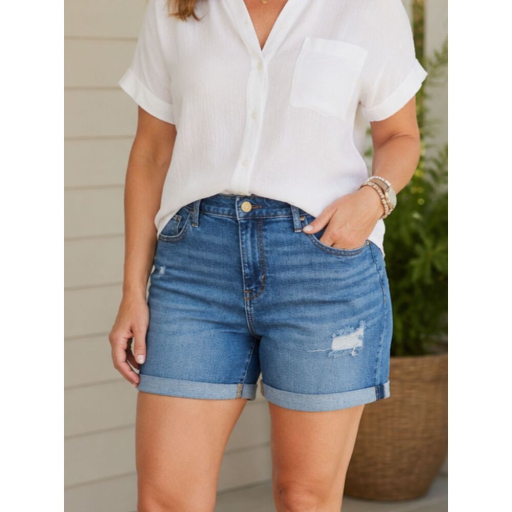 a.n.a High Rise Midi Denim Shorts Women’s Size 12 Distressed Cuffed Stretch